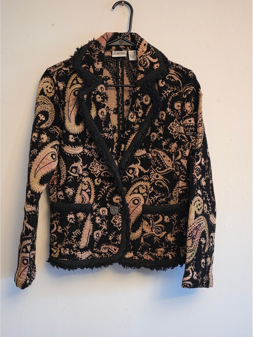 Vintage Chico's Paisley Tapestry Blazer Jacket Black Fringe Sz Small